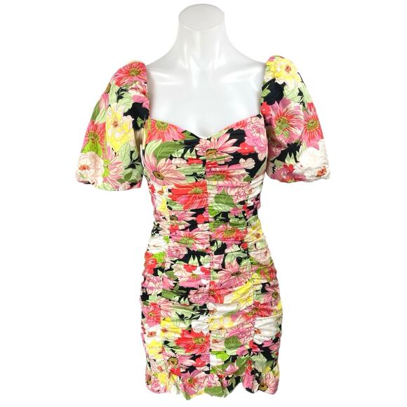 Zara Multicolor Floral Short Puff Sleeve Ruched Ruffle Mini Bodycon Dress Sz XS - Picture 1 of 5